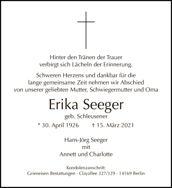 Traueranzeige von Erika Seeger von Tagesspiegel