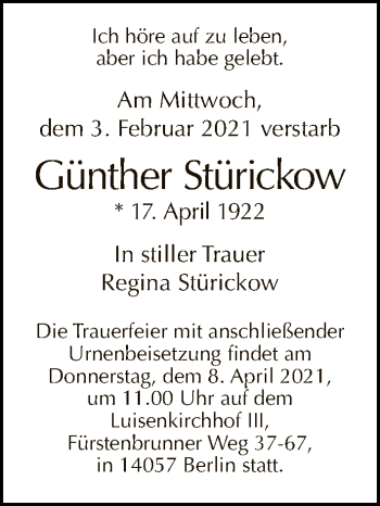 Traueranzeige von Günther Stürickow von Tagesspiegel