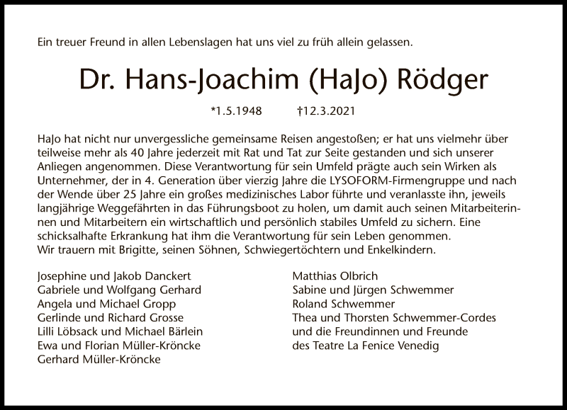  Traueranzeige für Hans-Joachim Rödger vom 21.03.2021 aus Tagesspiegel