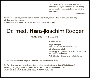 Traueranzeige von Hans-Joachim Rödger von Tagesspiegel