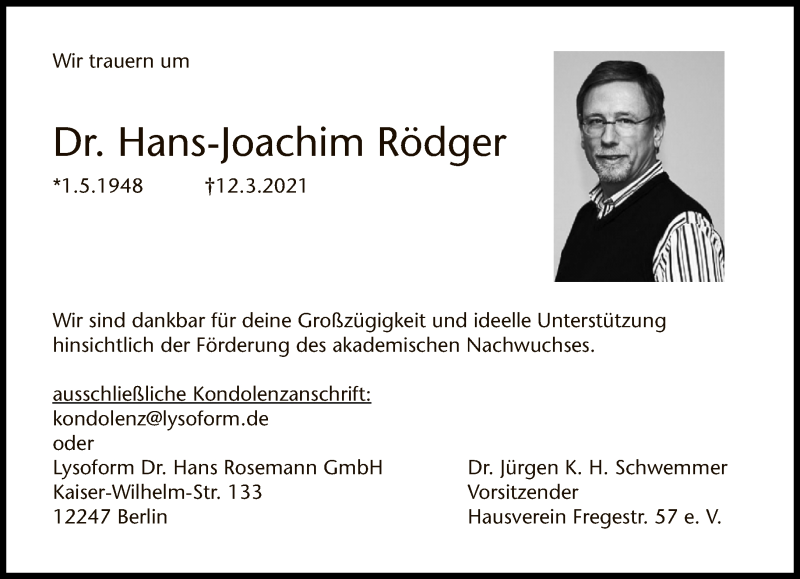  Traueranzeige für Hans-Joachim Rödger vom 21.03.2021 aus Tagesspiegel