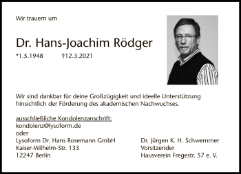 Traueranzeige von Hans-Joachim Rödger von Tagesspiegel