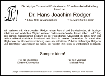 Traueranzeige von Hans-Joachim Rödger von Tagesspiegel