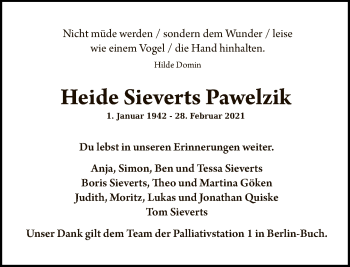 Traueranzeige von Heide Sieverts Pawelzik von Tagesspiegel