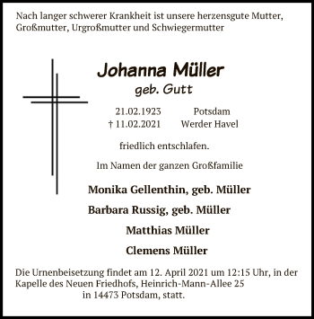 Traueranzeige von Johanna Müller von Tagesspiegel