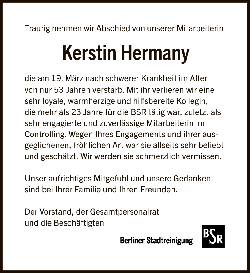  Traueranzeige für Kerstin Hermany vom 28.03.2021 aus Tagesspiegel
