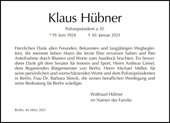 Traueranzeige von Klaus Hübner von Tagesspiegel