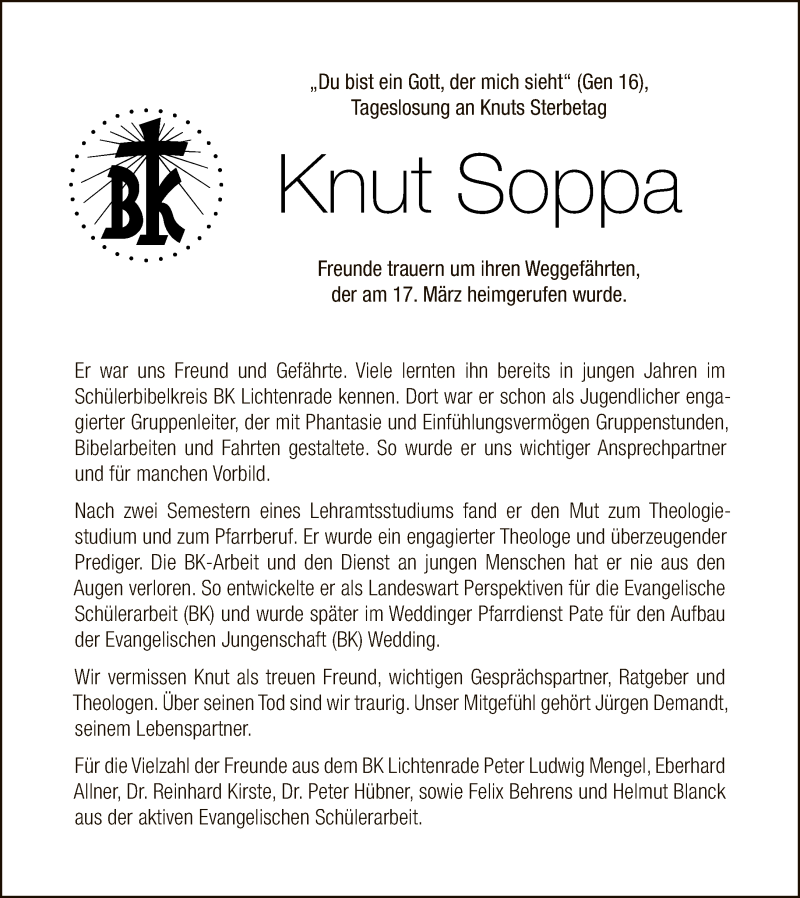  Traueranzeige für Knut Soppa vom 28.03.2021 aus Tagesspiegel