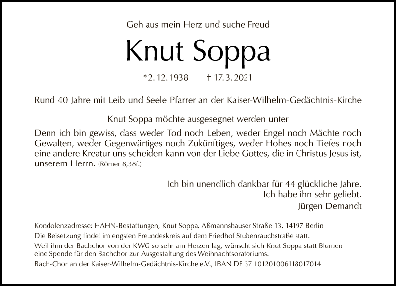  Traueranzeige für Knut Soppa vom 28.03.2021 aus Tagesspiegel