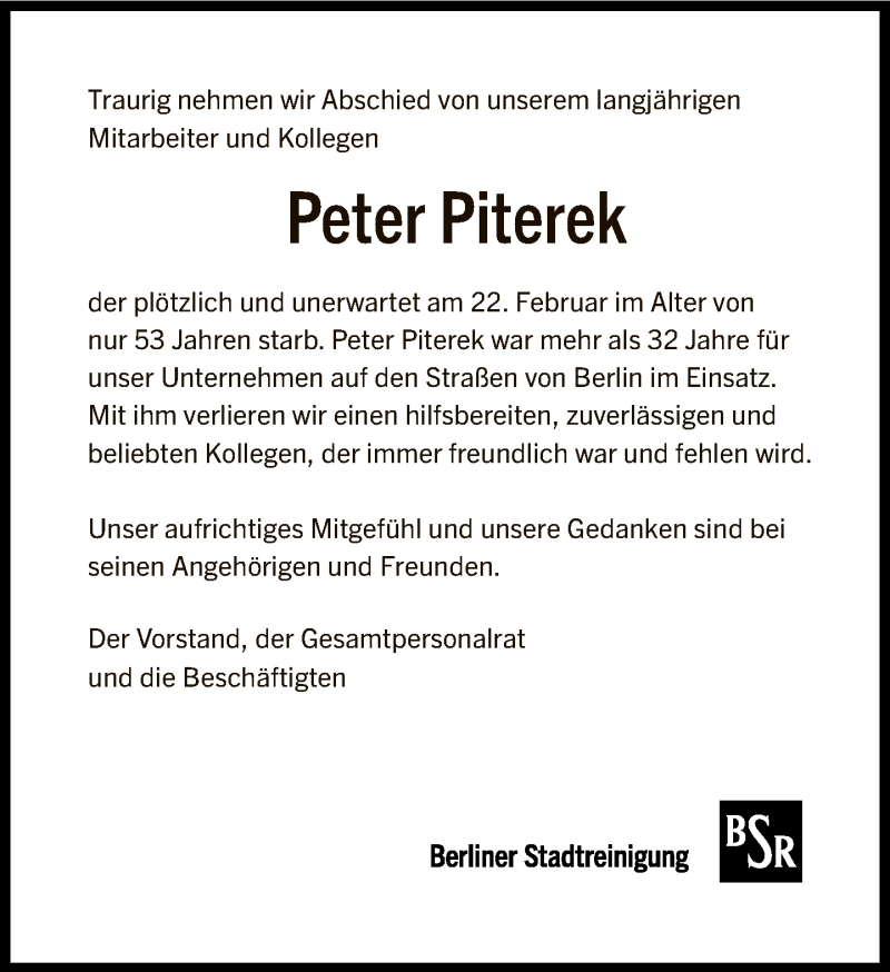  Traueranzeige für Peter Piterek vom 07.03.2021 aus Tagesspiegel