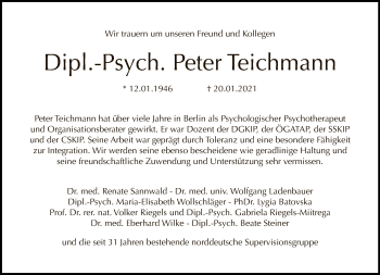 Traueranzeige von Peter Teichmann von Tagesspiegel