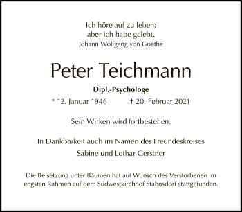 Traueranzeige von Peter Teichmann von Tagesspiegel