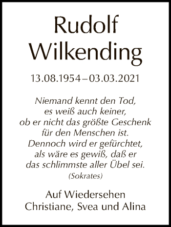 Traueranzeige von Rudolf Wilkending von Tagesspiegel