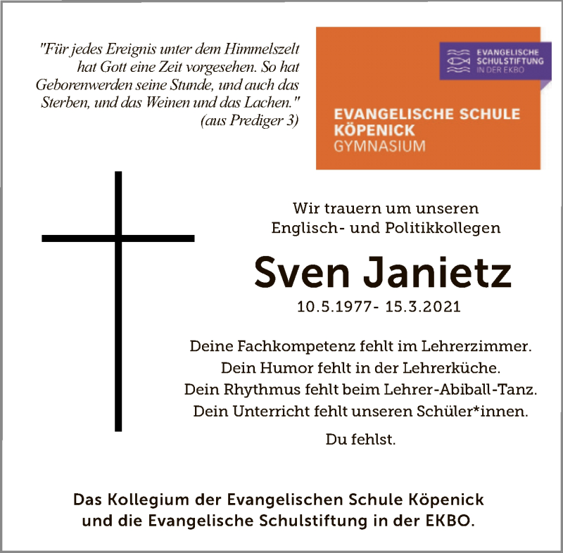  Traueranzeige für Sven Janietz vom 28.03.2021 aus Tagesspiegel