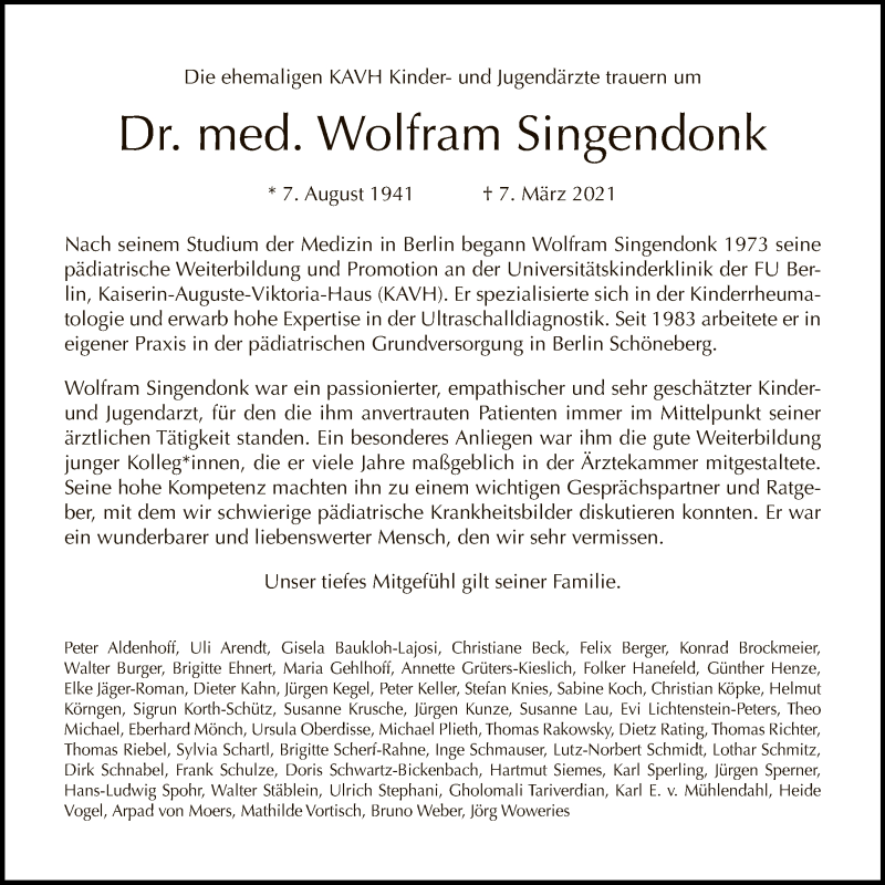  Traueranzeige für Wolfram Singendonk vom 21.03.2021 aus Tagesspiegel