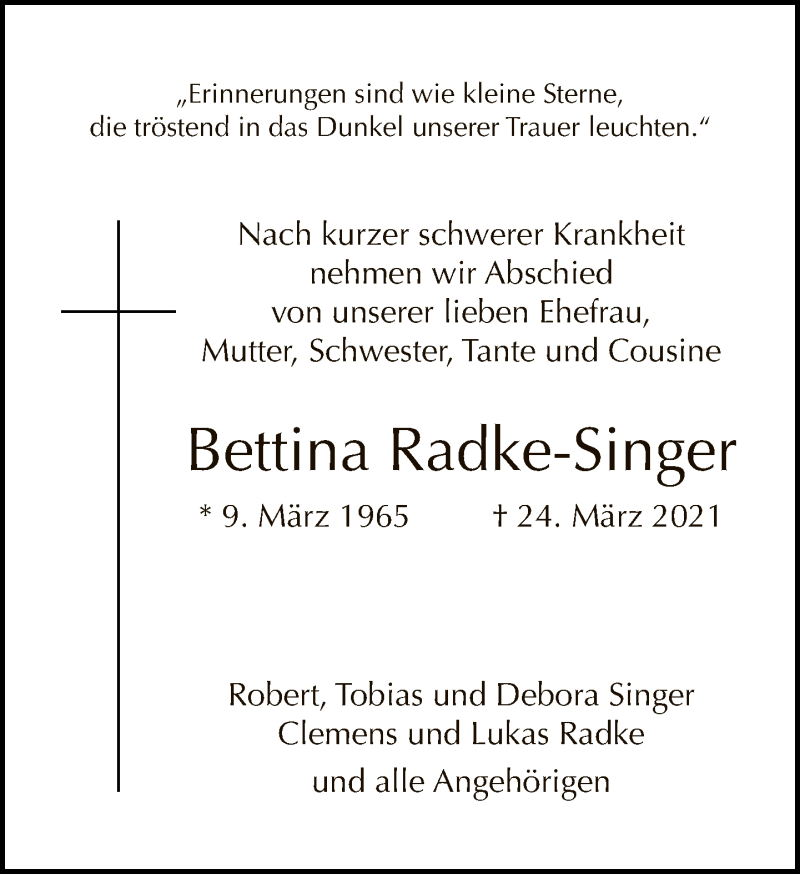  Traueranzeige für Bettina Radke-Singer vom 04.04.2021 aus Tagesspiegel