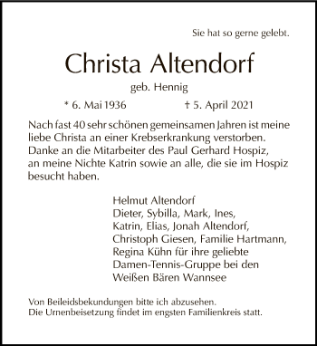 Traueranzeige von Christa Altendorf von Tagesspiegel