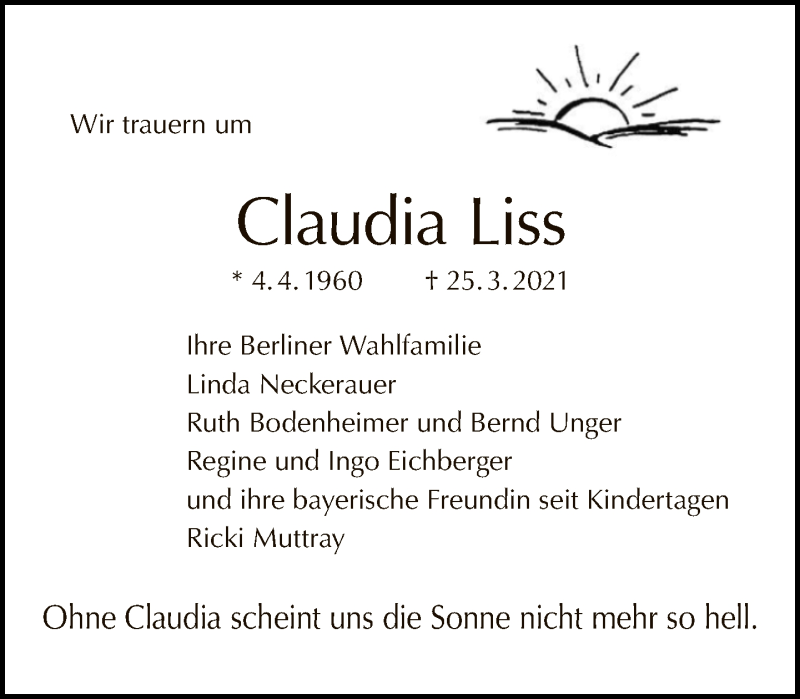  Traueranzeige für Claudia Liss vom 11.04.2021 aus Tagesspiegel