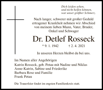 Traueranzeige von Detlef Rosseck von Tagesspiegel