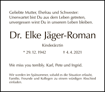 Traueranzeige von Elke Jäger-Roman von Tagesspiegel