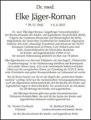 Traueranzeige von Elke Jäger-Roman von Tagesspiegel