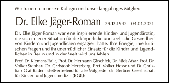 Traueranzeige von Elke Jäger-Roman von Tagesspiegel