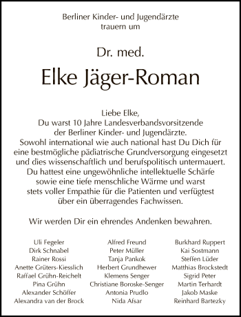 Traueranzeige von Elke Jäger-Roman von Tagesspiegel