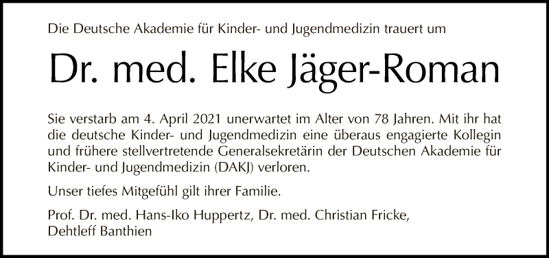  Traueranzeige für Elke Jäger-Roman vom 18.04.2021 aus Tagesspiegel
