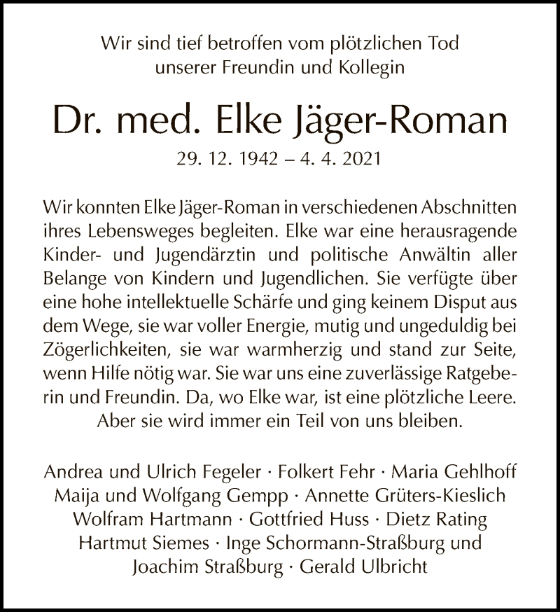  Traueranzeige für Elke Jäger-Roman vom 25.04.2021 aus Tagesspiegel
