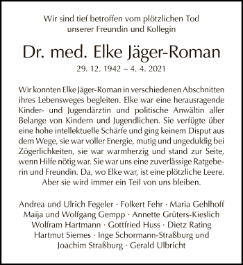 Traueranzeige von Elke Jäger-Roman von Tagesspiegel