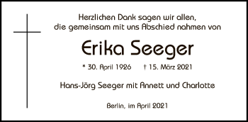 Traueranzeige von Erika Seeger von Tagesspiegel