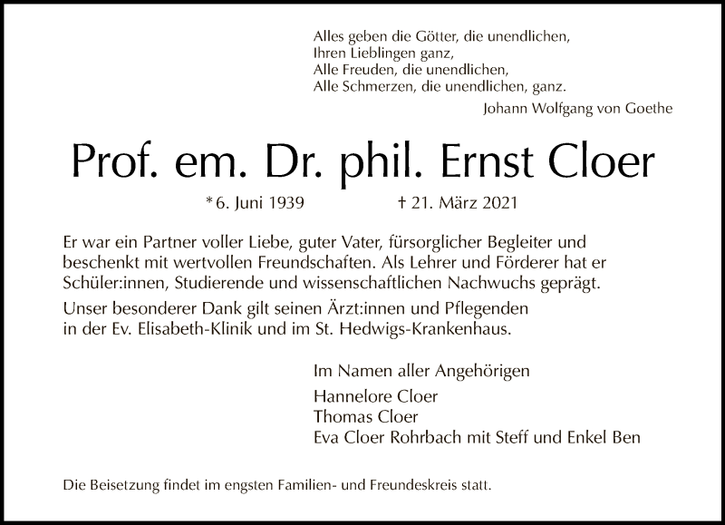  Traueranzeige für Ernst Cloer vom 04.04.2021 aus Tagesspiegel