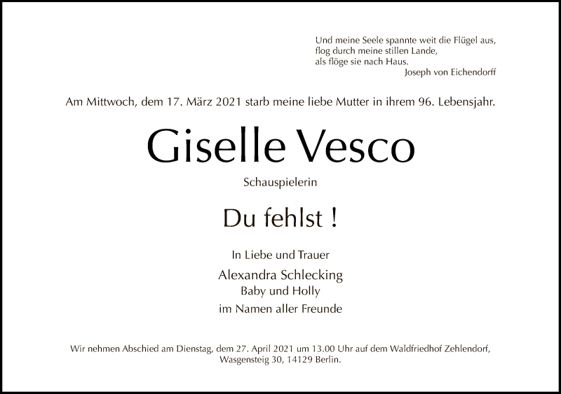  Traueranzeige für Giselle Vesco vom 25.04.2021 aus Tagesspiegel