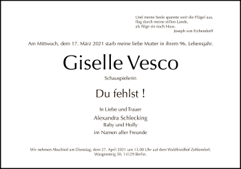 Traueranzeige von Giselle Vesco von Tagesspiegel