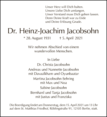 Traueranzeige von Heinz-Joachim Jacobsohn von Tagesspiegel