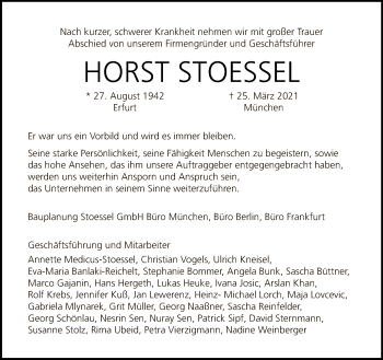 Traueranzeige von Horst Stoessel von Tagesspiegel