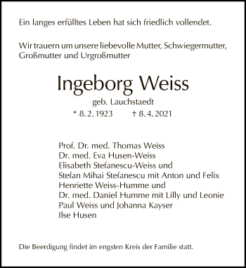 Traueranzeige von Ingeborg Weiss von Tagesspiegel