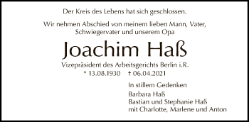 Traueranzeige von Joachim Haß von Tagesspiegel