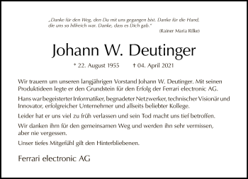 Traueranzeige von Johann W. Deutinger von Tagesspiegel