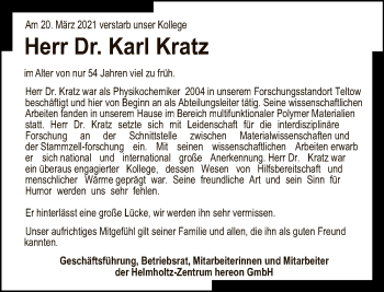 Traueranzeige von Karl Kratz von Tagesspiegel