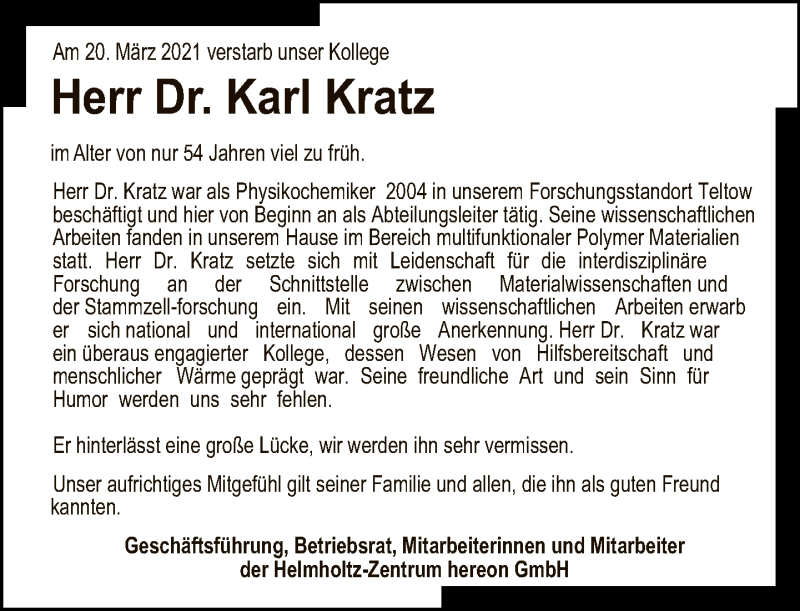  Traueranzeige für Karl Kratz vom 04.04.2021 aus Tagesspiegel