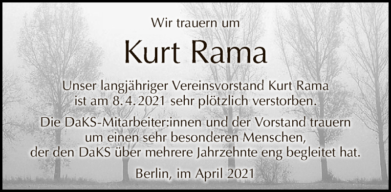  Traueranzeige für Kurt Rama vom 25.04.2021 aus Tagesspiegel