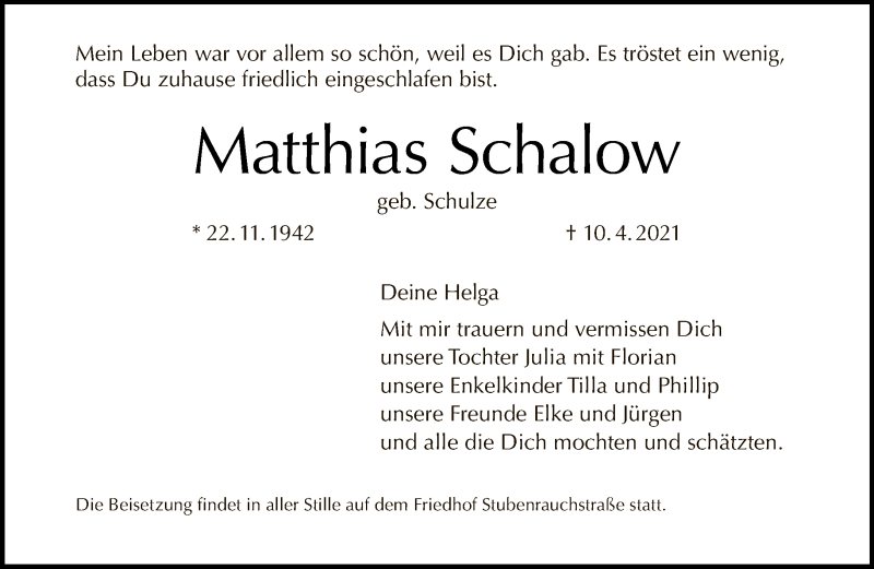  Traueranzeige für Matthias Schalow vom 25.04.2021 aus Tagesspiegel