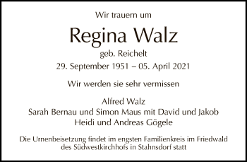 Traueranzeige von Regina Walz von Tagesspiegel