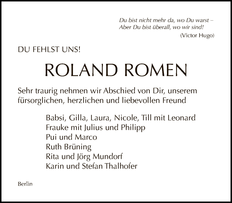  Traueranzeige für Roland Romen vom 18.04.2021 aus Tagesspiegel