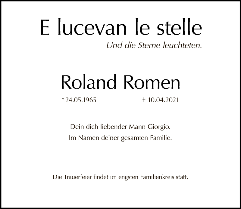  Traueranzeige für Roland Romen vom 18.04.2021 aus Tagesspiegel