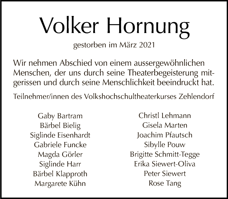  Traueranzeige für Volker Hornung vom 11.04.2021 aus Tagesspiegel
