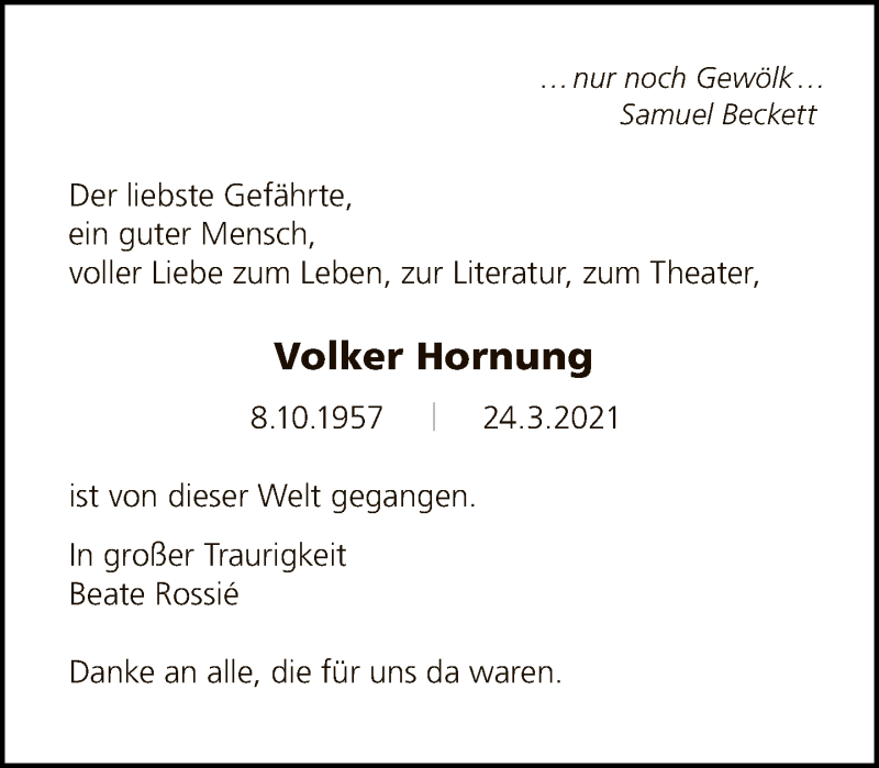  Traueranzeige für Volker Hornung vom 10.04.2021 aus Tagesspiegel