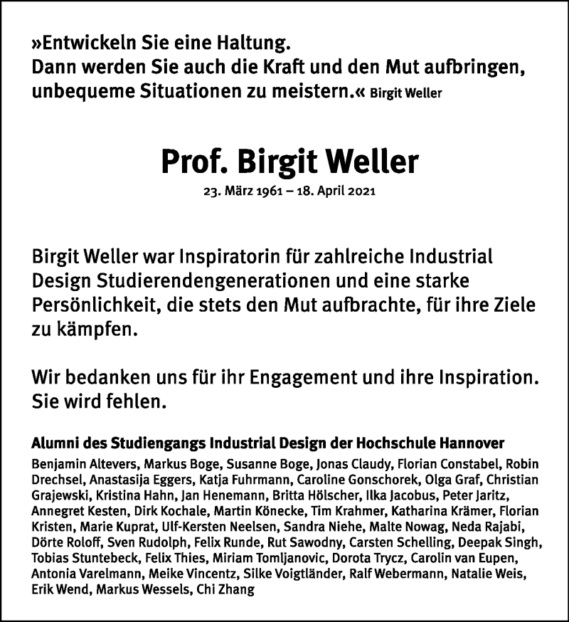  Traueranzeige für Birgit Weller vom 02.05.2021 aus Tagesspiegel
