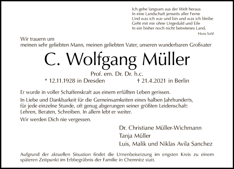  Traueranzeige für C. Wolfgang Müller vom 02.05.2021 aus Tagesspiegel